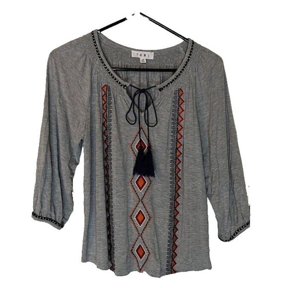 THML Anthropologie Bohochic Grey Embroidered Aztec Design Tassel Tie Top XS - Picture 1 of 7